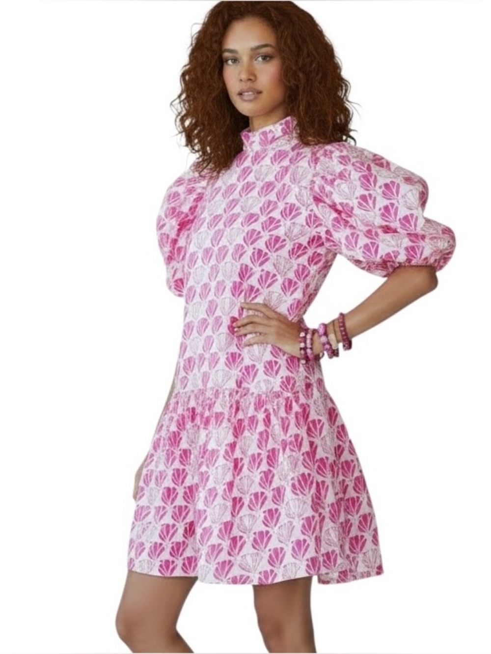 WKND WYFR Dress Frock It Pink Tulips Tiered/Drop Waist Puff/Bubble Sleeve Sz M